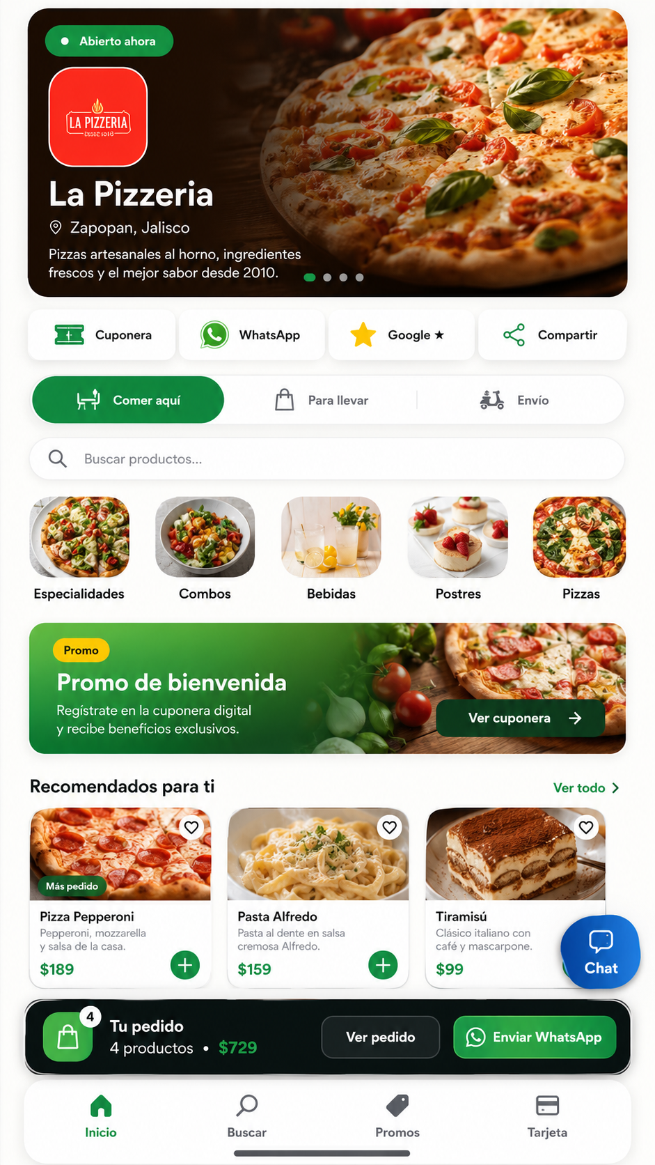 Ejemplo del menú público con productos, cuponera y pedido por WhatsApp